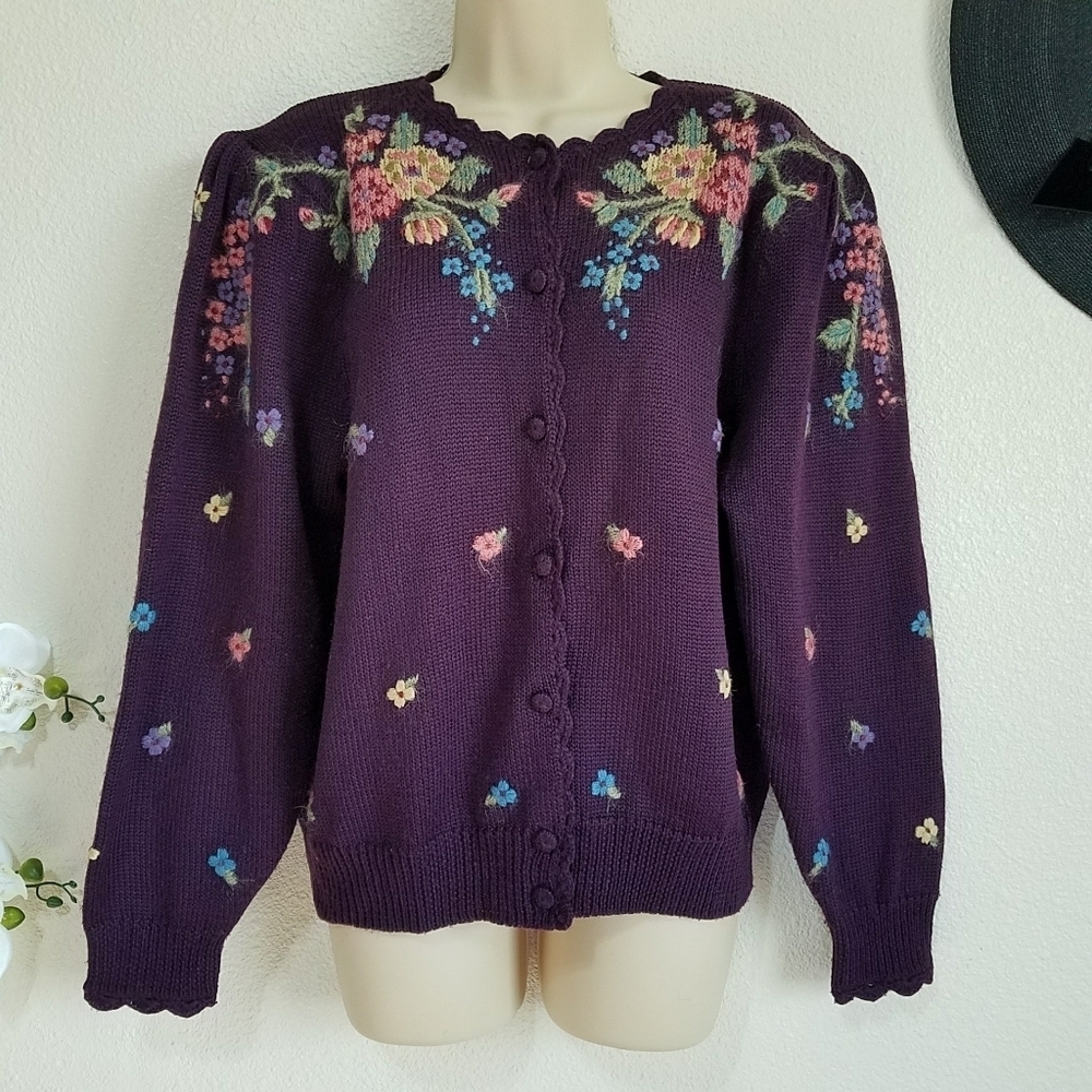 Herman Geist Vintage Wool Blend Embroidered Cardigan